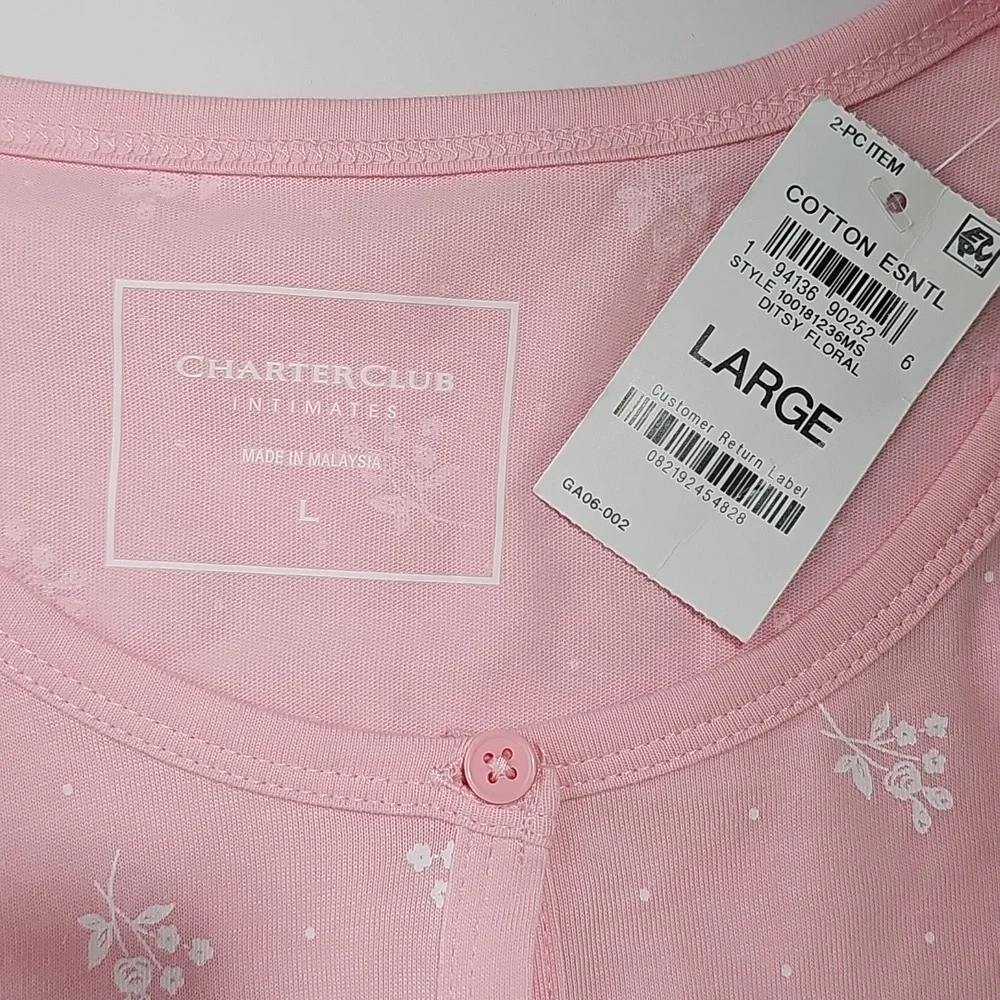 NWT Charter Club Intimates Ditsy Floral Capri Pink Button Front Pajama Set 2PC L